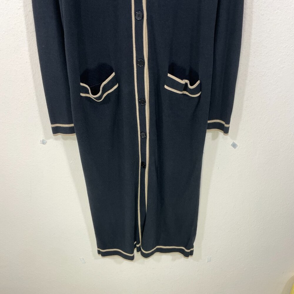 Lauren Ralph Lauren LARGE Long Duster Cardigan Cotton Designer Black Tan Stripe - Picture 6 of 10